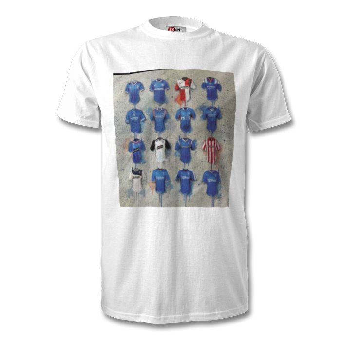 RANGERS FC FOOTBALL STRIPS THROUGH THE AGES MENS T-SHIRT